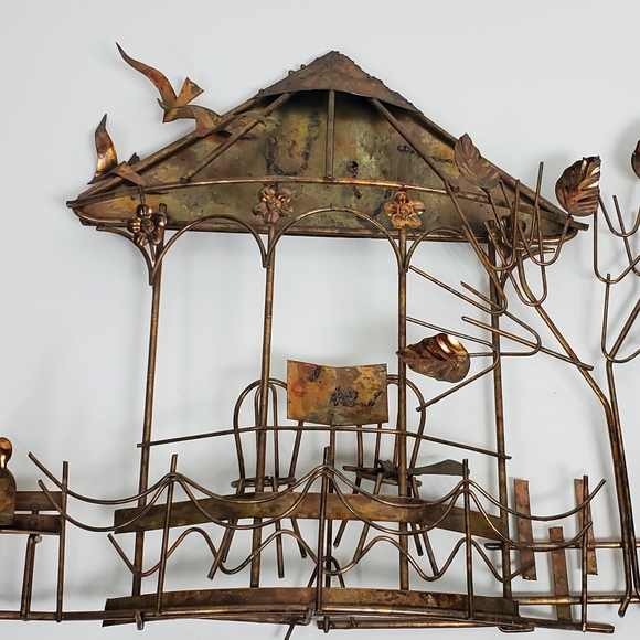 Vintage Emesco 3D copper wall art gazebo, park bench, trees, and flowers - Picture 7 of 12